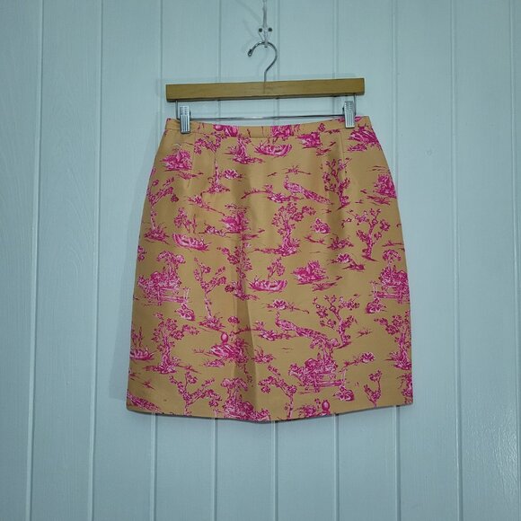 NWOT Talbots Sz 10 Petite 100% Silk Peach Pencil Skirt Pink Peacock Floral Print - Picture 1 of 11